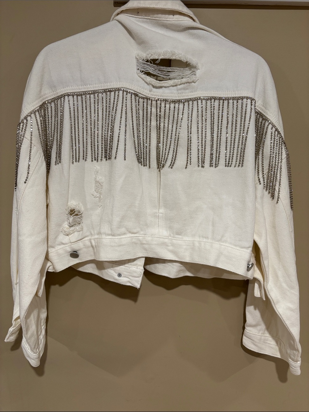 White Distressed Jean Jacket with Silver Fringe